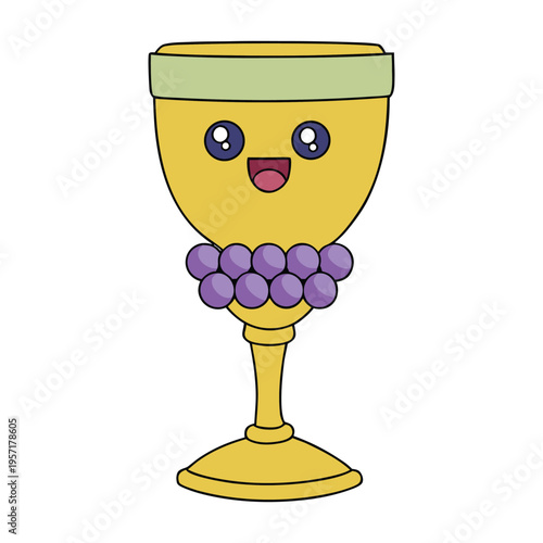 A playful cartoon of a golden chalice overflowing with purple grapes, cheerful and bright, symbolizing celebration, abundance, and joyful harvest vibes.
