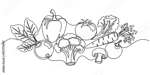 Continuous One Line Drawing of Fresh Organic Vegetables Minimalist Illustration