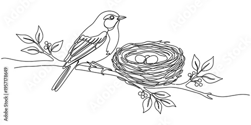 Minimalist One Line Bird Nest with Eggs on Tree Branch