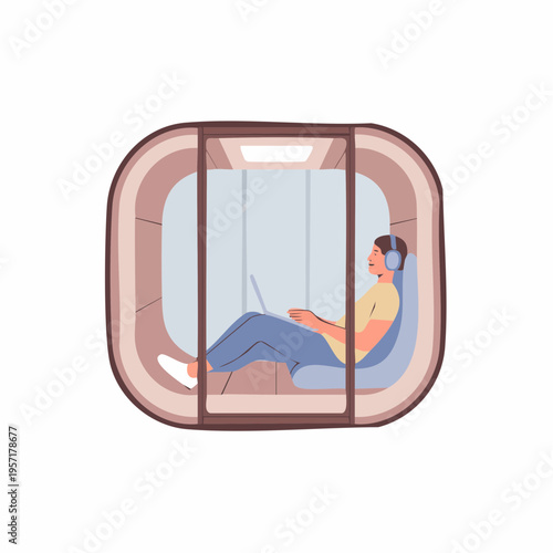 Person wearing headphones, working on a laptop inside a soundproof pod, in a modern office environment