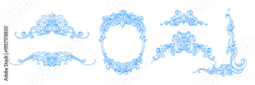 Vintage baroque border set, floral wedding ornament and crown. Ideal for Victorian style elegant decor, hand drawn monogram and antique inspired decorative frieze. Vector texture set