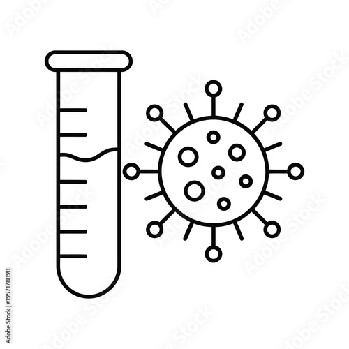 Vector of a test tube and a virus cell shown in a scientific or medical context.