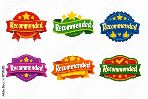 Recommended badges and labels set with stars, ribbons, and approval symbols for product quality and trust