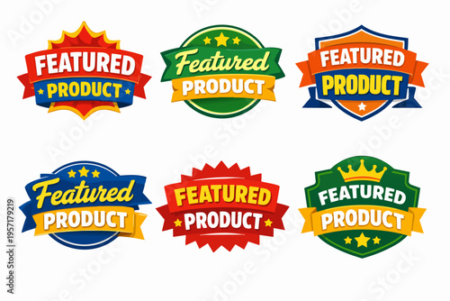 Featured product labels collection presenting badges for retail promotion and special offer marketing