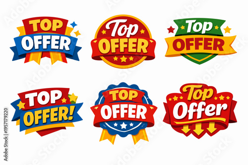 Vibrant collection of top offer banner badges, perfect for advertising special promotions and attracting customers