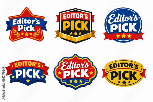 Editor's pick labels set representing product selection, best choice, and recommended quality badges for special offers