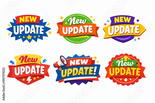 New update badges and labels set announcing product features, software versions, and service improvements
