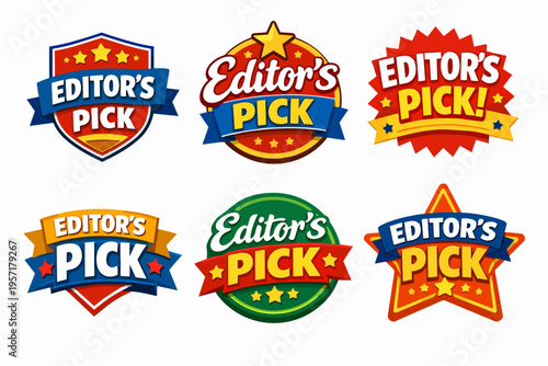 Editor's pick badge labels collection displaying premium quality product choice and top rating seals