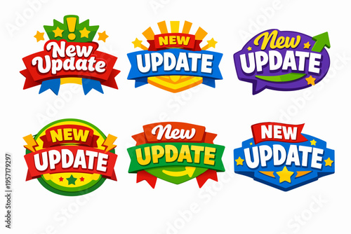 New update badges and labels for mobile app notifications, game rewards, and software banner elements