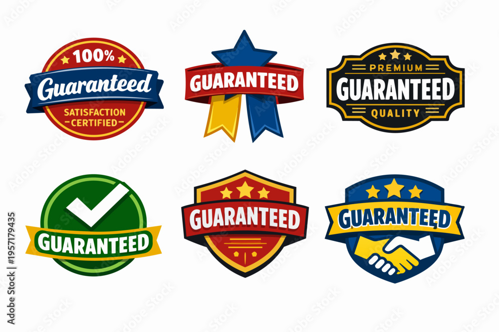 Fototapeta premium Guaranteed badges and labels collection emphasizing satisfaction, quality, and trust in services and products