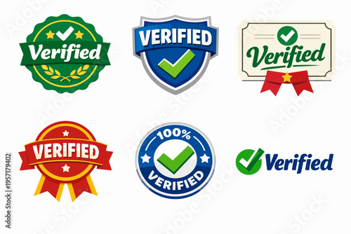 Verified badges and labels collection displaying icons for trust, quality, approval, and guaranteed certification