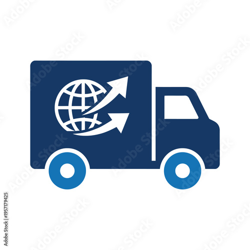 Vector of a blue delivery truck with a globe and arrows indicating global shipping services