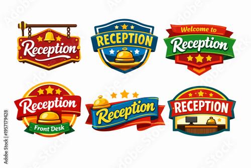 Hotel reception vector badges and labels depicting guest services, front desk bell, and welcome signs