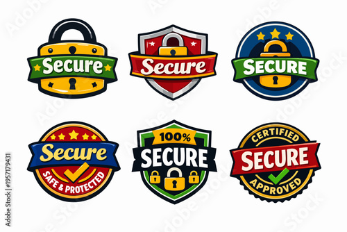 Secure badges, 100% certified protection, guaranteeing safety and trust with lock and shield icons