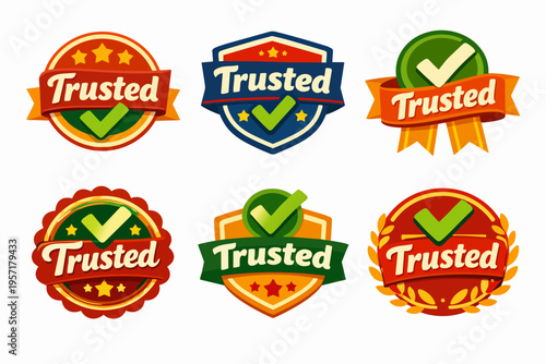 Trusted badges collection showing certified quality labels, approved verification seals, and reliable guarantee stickers