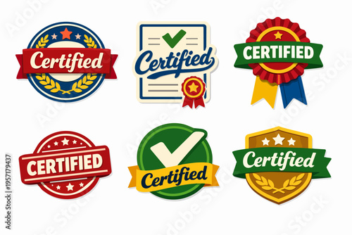 Certified badge collection showing quality guarantee, approval, and product verification seals for trust and excellence