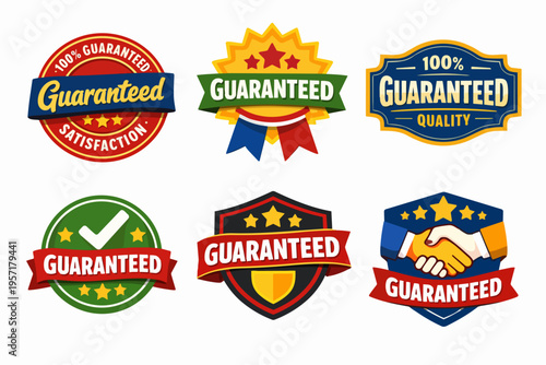 Set of flat design badges and labels representing guaranteed quality, certification, trust, and satisfaction
