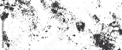 Distressed grunge texture with scattered dark gray ink splatters on a white background