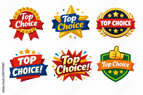 Top choice badge collection showing best premium quality labels and favorite product recommendation ratings