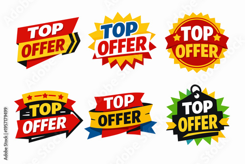 Top offer badges collection showcasing special sales, discounts, and marketing promotions with various sticker designs