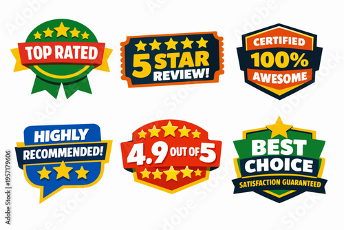 Collection of top rated and highly recommended badges with star reviews, certified awesome and best choice labels
