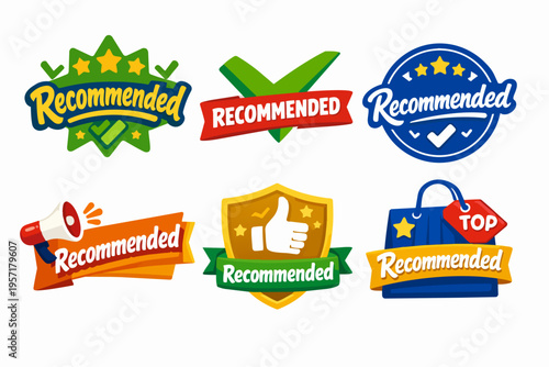 Collection of recommended badges showing quality product labels and service best choice seals for marketing and advertising