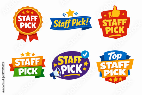 Staff pick badges collection portraying popular chosen product excellent quality and special recommendation label set
