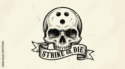 Vintage engraved skull with bowling ball holes on forehead and strike or die ribbon isolated on light background. Concept of risk taking, competitive mindset, bold attitude and edgy bowling culture ae