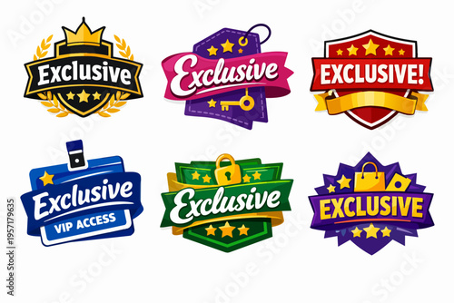 Collection of exclusive badges and vip access labels for premium membership, special promotions, and loyalty programs