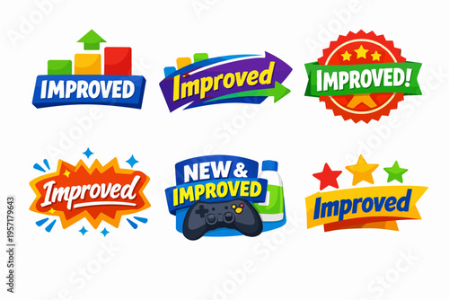 Collection of improved and new product badges, labels, and quality assurance stickers for business marketing