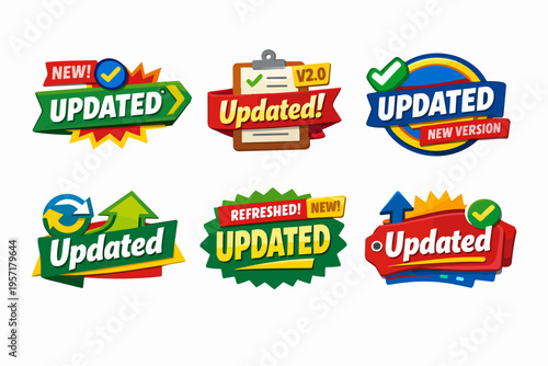 Collection of updated labels and new version badges for software, app, or website refreshing