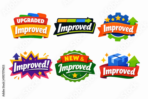 Improved and upgraded badges set with sale retail promotion stamps for new product features