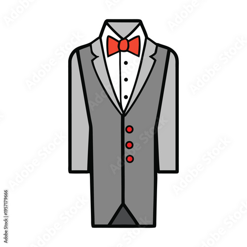 A sharp waiter suit with crisp white shirt, tailored black jacket, and matching trousers, exuding professionalism and elegance for flawless service.
