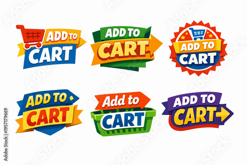 Add to cart button collection displaying various e-commerce shopping symbols for online retail and purchasing
