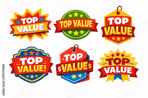Top value badge and label collection showing discount, sale, promotion, special offer, and best price sticker design set