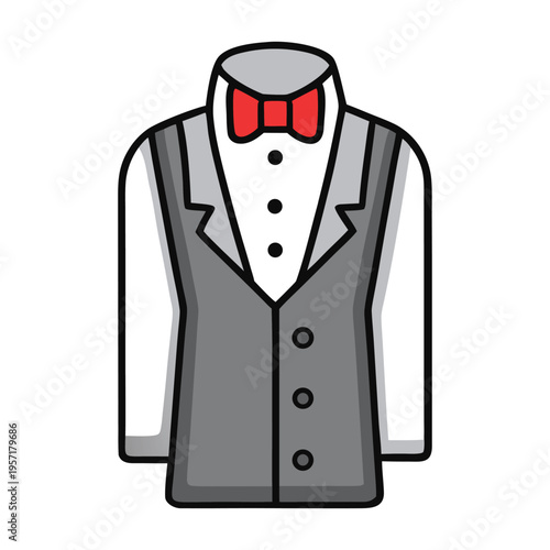 A sharp waiter suit with crisp white shirt, tailored black jacket, and matching trousers, exuding professionalism and elegance for flawless service.
