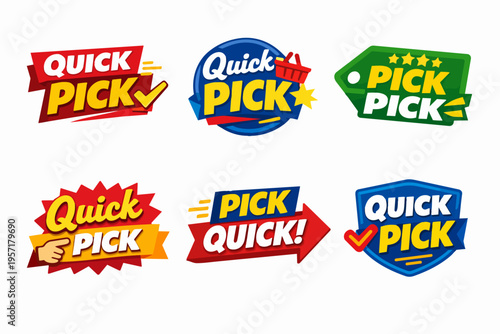 Quick pick labels collection for retail and shopping promotions, offering fast selection concepts