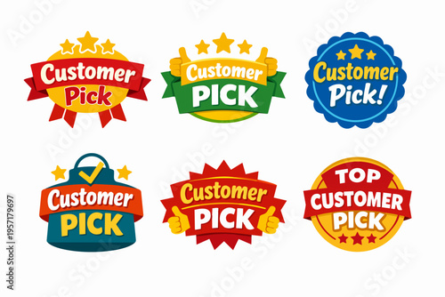 Customer pick badges set, rating quality choice label collection, top product recommendation sticker group