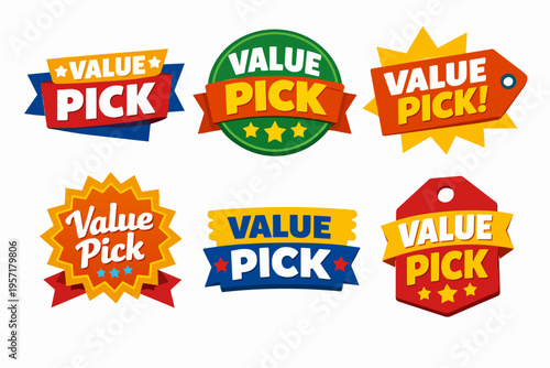 Value pick labels set, featuring various badges and tags for product promotion, best choice, and special offers