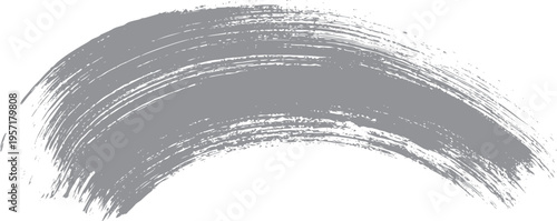 Gray curved brush stroke with dry paint texture on a white background