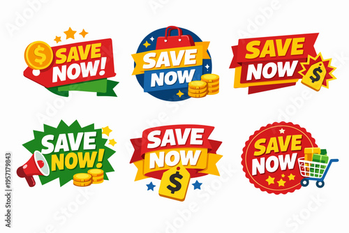 Save now badges collection with various discount labels for online shopping and retail promotions