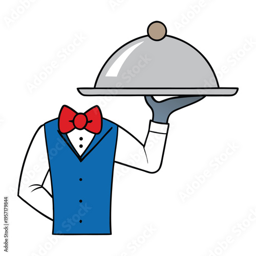 A professional waiter torso, dressed in crisp attire, holding a polished silver tray confidently, ready to serve with elegance and impeccable style.
