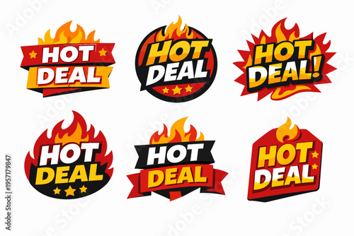 Collection of hot deal labels, badge design with fire and stars, promoting special offers and discounts
