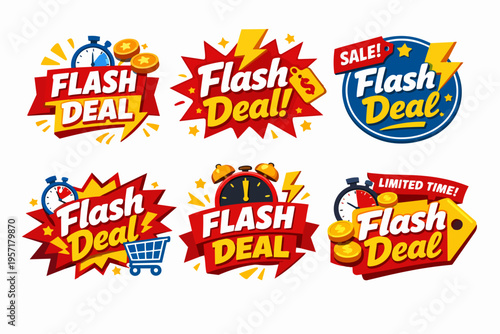 Flash deal sale badges collection, offering limited time discounts and special promotions for online shopping marketing