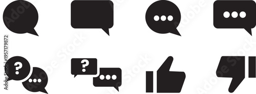 Collection of black communication speech bubbles and social media like dislike icons graphic elements