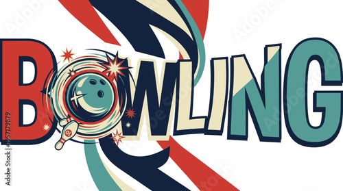 Colorful bowling typography with ball hitting pins integrated into letters on abstract background. Concept of fun entertainment, sport branding, retro style and dynamic leisure activity design