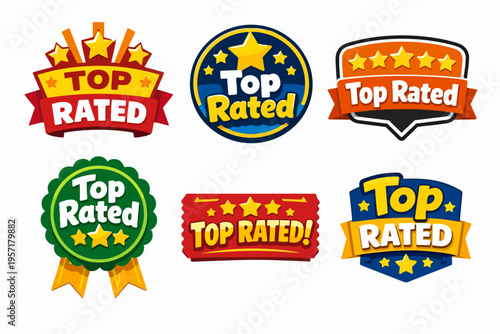Top rated badges collection representing premium quality and customer satisfaction with star rating design