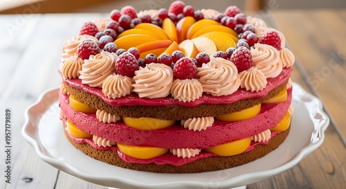 Delicious layered cake with fruit topping.