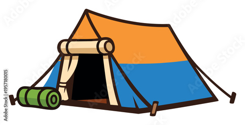 Camping tent with open entrance and a rolled sleeping mat, representing outdoor adventures, leisure, and a love for nature