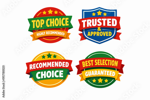 Collection of badges and labels symbolizing trust, quality, and recommendations for products and services